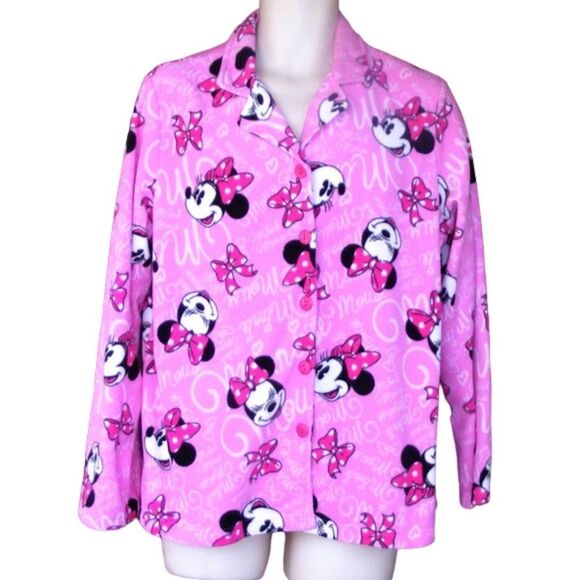 DISNEY Minnie Mouse Pajama Top, XL, Pink Fleece, Bows, Button front, Long sleeve - Picture 1 of 7